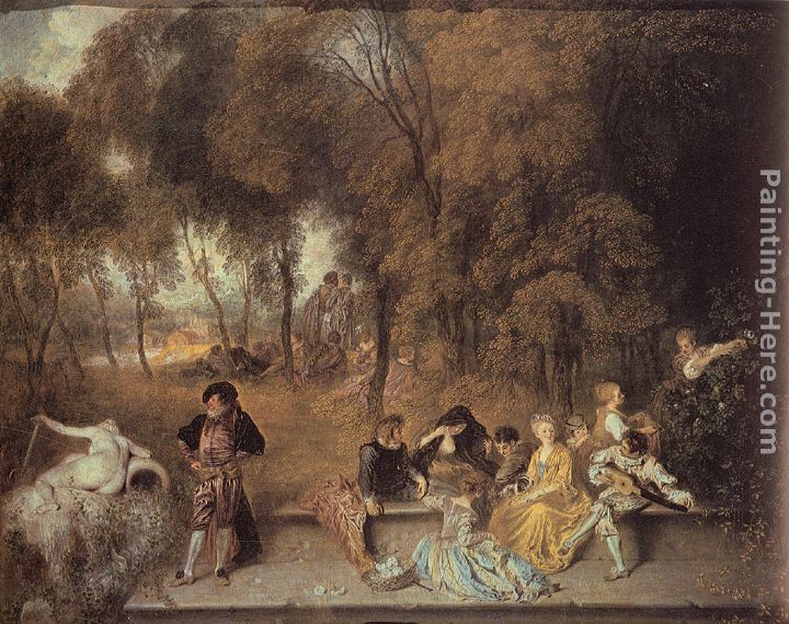 Reunion en plein air painting - Jean-Antoine Watteau Reunion en plein air art painting
